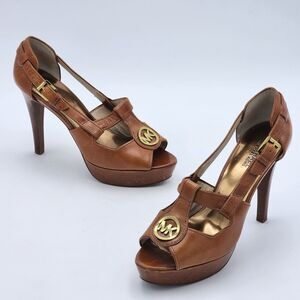 Michael Kors Logo Buckle Leather Peep Toe Platform Heels Brown Gold Size 9.5